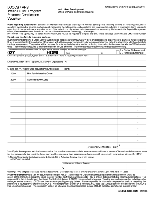 Fillable Form Hud-50080-Homi - Indian Home Program Payment Certification Voucher Printable pdf