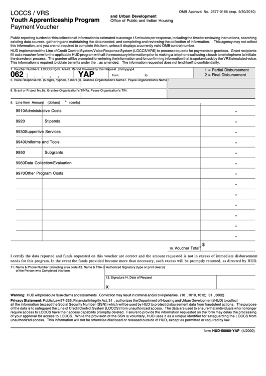 Fillable Form Hud-50080-Yap - Payment Voucher - Youth Apprenticeship Program Printable pdf