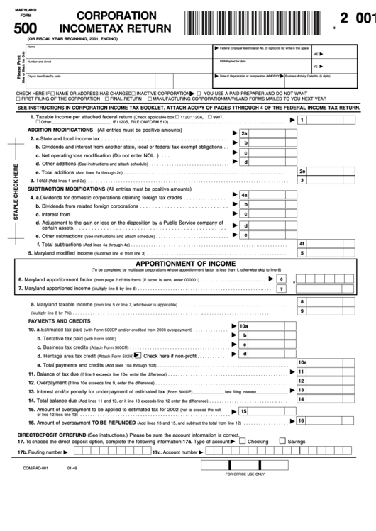 Fillable Maryland Form 500 - Corporation Income Tax Return - 2001 Printable pdf