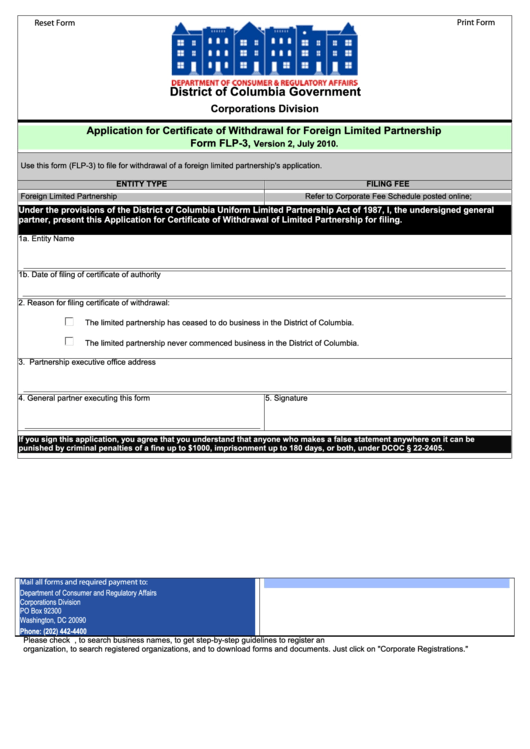 Fillable Form Flp-3 - Application For Certificate Of Withdrawal For Foreign Limited Partnership Printable pdf