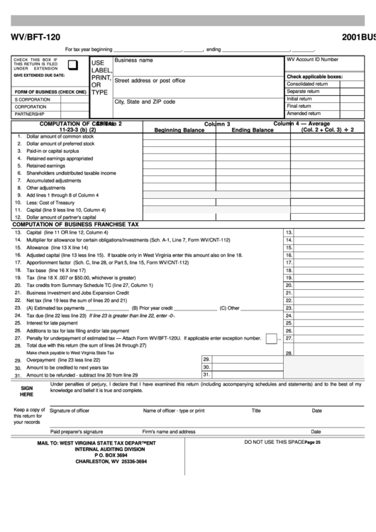 Form Wv/bft-120 - Business Franchise Tax Return - 2001 Printable pdf
