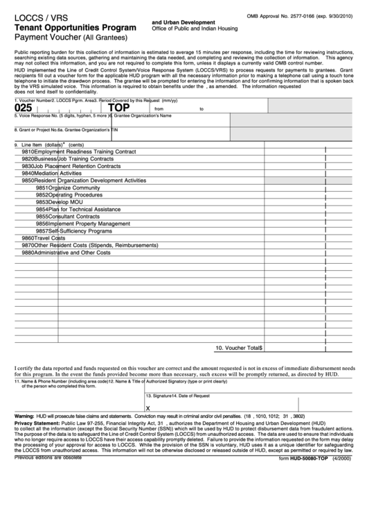 Form Hud-50080-Top - Loccs / Vrs Tenant Opportunities Program Payment Voucher (All Grantees) Printable pdf