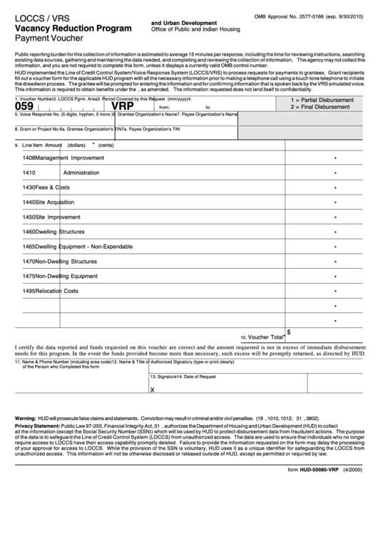 Fillable Form Hud-50080-Vrp - Payment Voucher - Vacancy Reduction Program - Office Of Public And Indian Housing - U.s. Department Of Housing And Urban Development Printable pdf