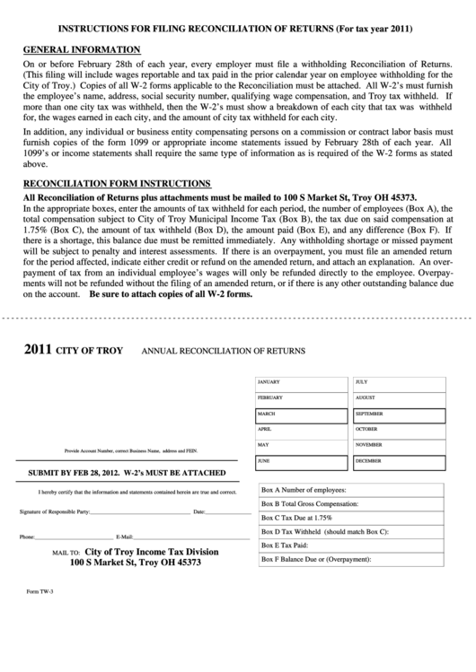 Form Tw-3 - Annual Reconciliation Of Returns - 2011 Printable pdf