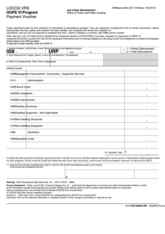 Fillable Form Hud-50080-Urp - Loccs / Vrs Hope Vi Program Payment Voucher Printable pdf