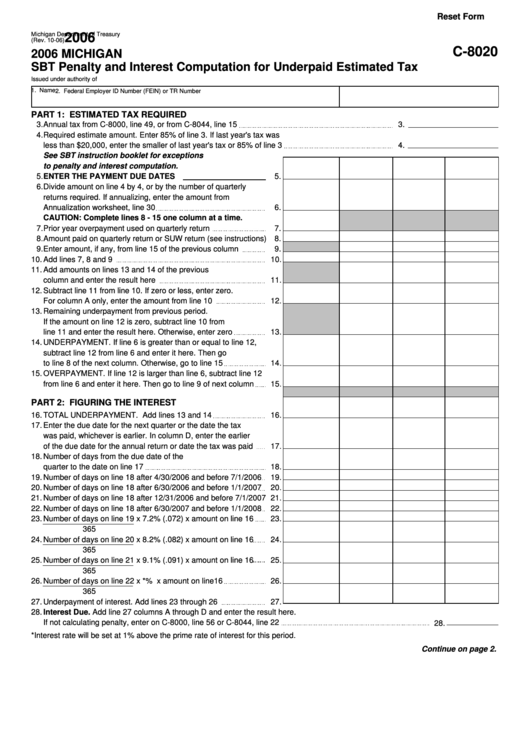 Fillable Form C-8020 - Michigan Sbt Penalty And Interest Computation For Underpaid Estimated Tax - 2006 Printable pdf