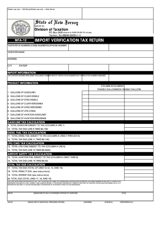 Form Mfa-12 - Import Verification Tax Return Printable pdf