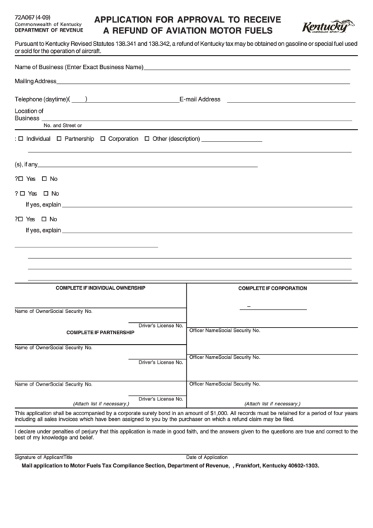 Form 72a067 - Application For Approval To Receive A Refund Of Aviation Motor Fuels - 2009 Printable pdf