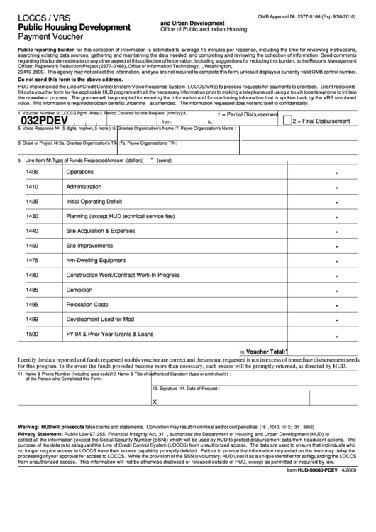 Fillable Form Hud-50080-Pdev - Payment Voucher - Public Housing Development - Office Of Public And Indian Housing - U.s. Department Of Housing And Urban Development Printable pdf