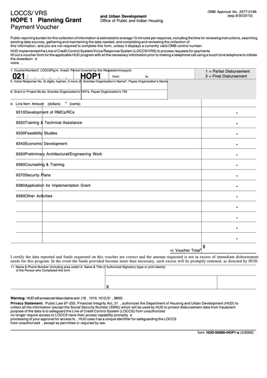 Fillable Form Hud-50080-Hop1-A - Payment Voucher - Hope 1 Planning Grant - Office Of Public And Indian Housing - U.s. Department Of Housing And Urban Development Printable pdf