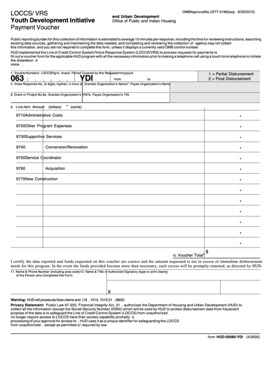 Fillable Form Hud-50080-Ydi - Youth Development Initiative Payment Voucher Printable pdf