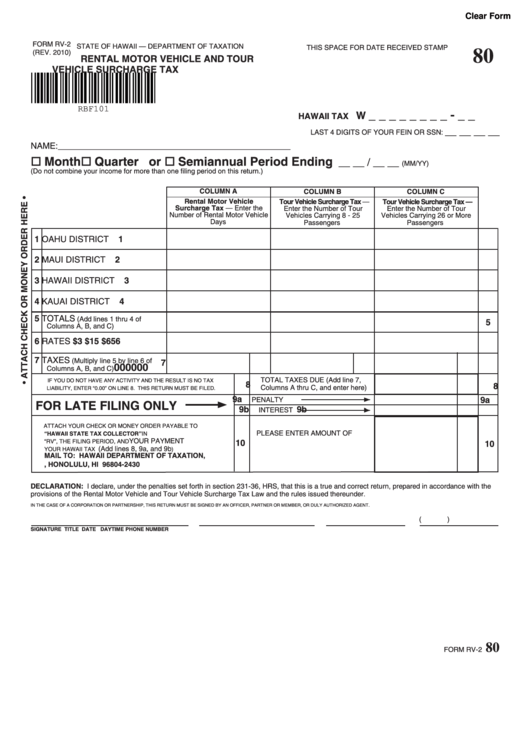 Fillable Form Rv-2 - Rental Motor Vehicle And Tour Vehicle Surcharge Tax (2010) Printable pdf