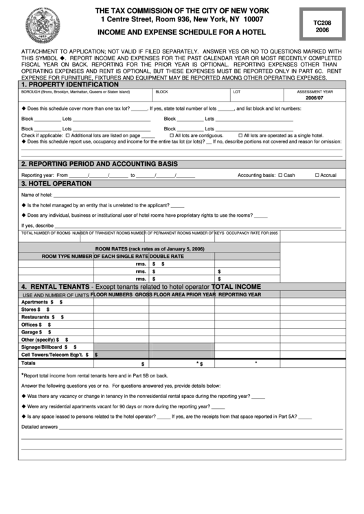 Form Tc208 - Income And Expense Schedule For A Hotel - 2006 Printable pdf