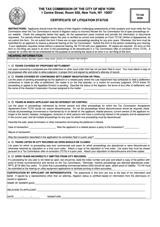Form Tc140 - Certificate Of Litigation Status - 2006 Printable pdf