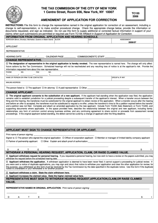 Form Tc155 - Amendment Of Application For Correction - 2006 Printable pdf