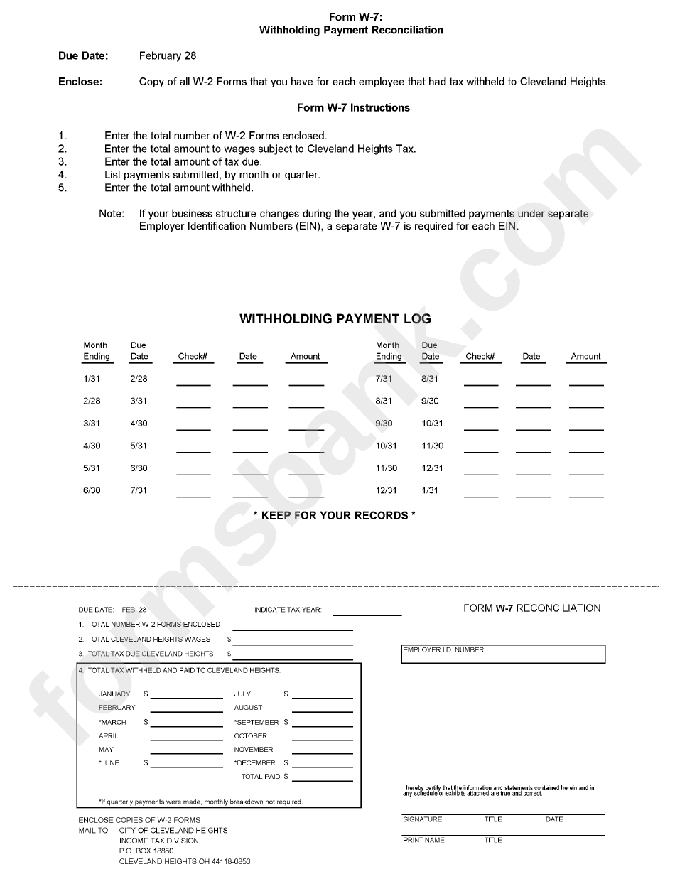 Form W-7 - Withholding Payment Reconciliation Form - City Of Cleveland Heights