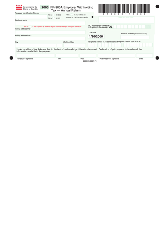 Fillable Form Fr-900a - Employer Withholding Tax - Annual Return - 2005 Printable pdf