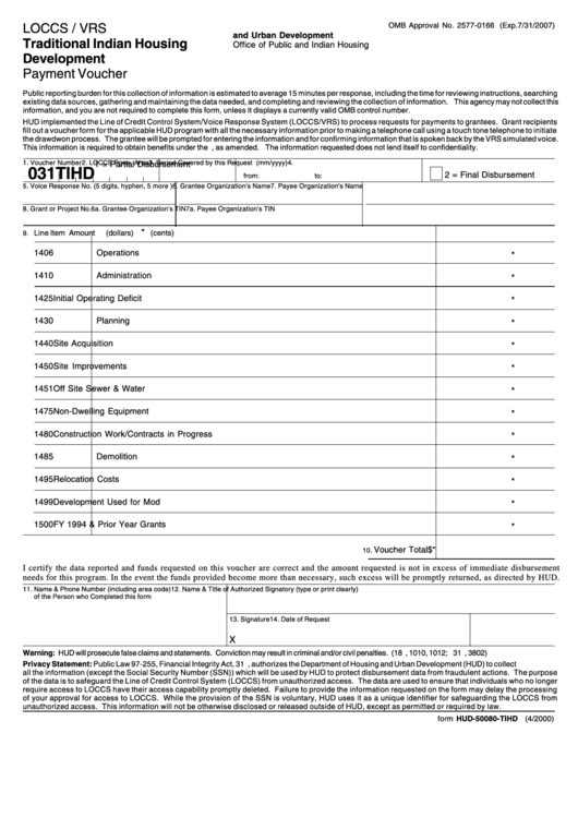 Fillable Form Hud-50080-Tihd - Traditional Indian Housing Development Payment Voucher Printable pdf