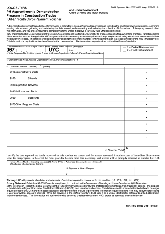 Form Hud-50080-Uyc - (Urban Youth Corp) Payment Voucher - Ph Apprenticeship Demonstration Program In Construction Trades - Office Of Public And Indian Housing - U.s. Department Of Housing And Urban Development Printable pdf