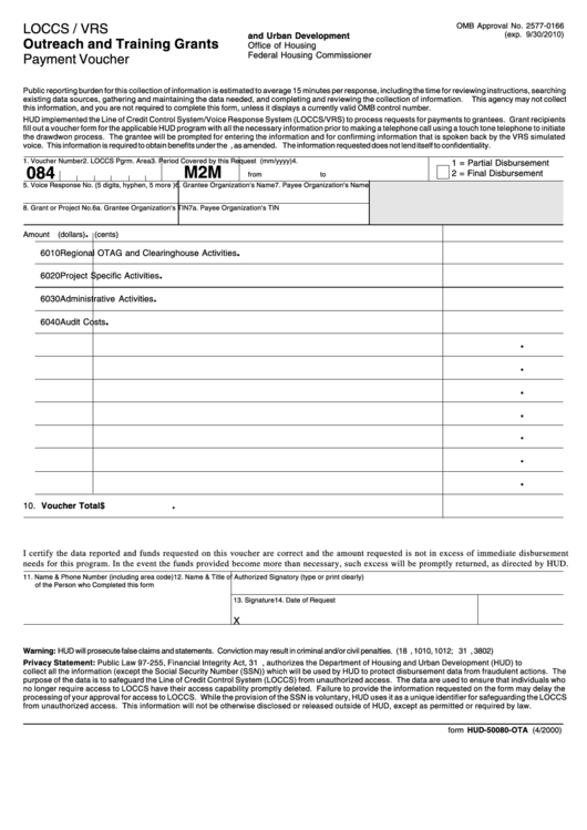 Fillable Form Hud-50080-Ota - Outreach And Training Grants Payment Voucher - 2000 Printable pdf