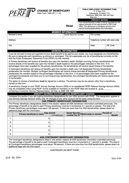Fillable Form 1856 - Change Of Beneficiary Printable pdf