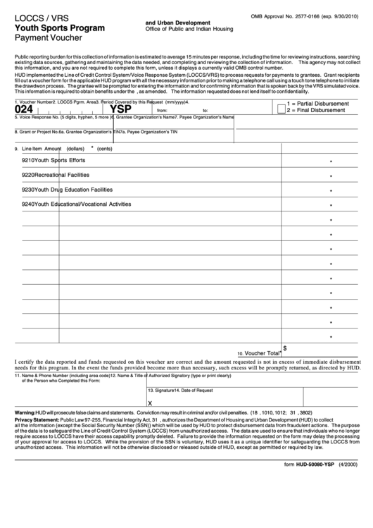 Fillable Form Hud-50080-Ysp - Youth Sports Program Payment Voucher Printable pdf
