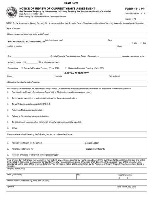 Fillable Form 111/pp - Notice Of Review Of Current Year