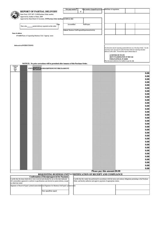 State Form 12537 - Report Of Partial Delivery Printable pdf