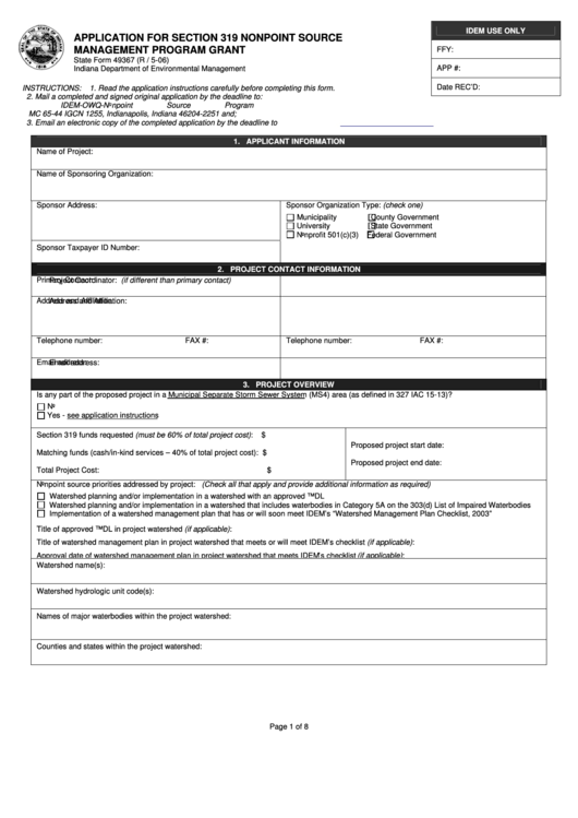 Form 49367 - Application For Section 319 Nonpoint Source Management Program Grant Printable pdf