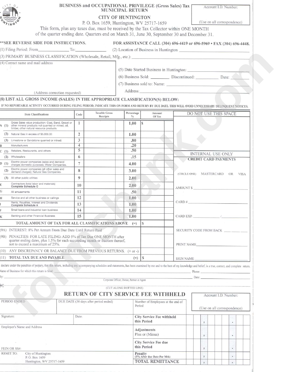Business And Occupational Privilege Tax - Municipal Return Form - City Of Huntington