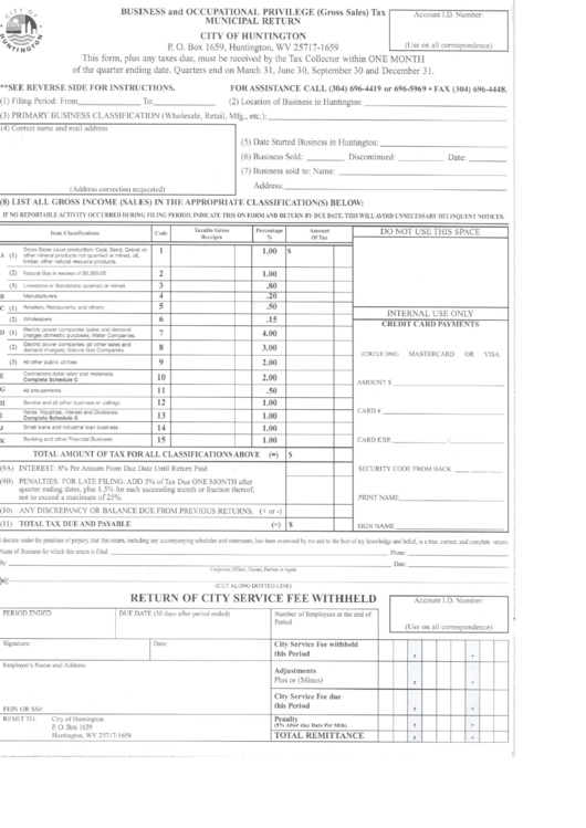 Business And Occupational Privilege Tax - Municipal Return Form - City Of Huntington Printable pdf