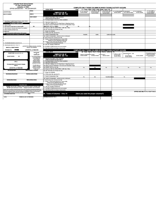 Computation Of Sales And Use Tax Form - Lafayette Parish Printable pdf
