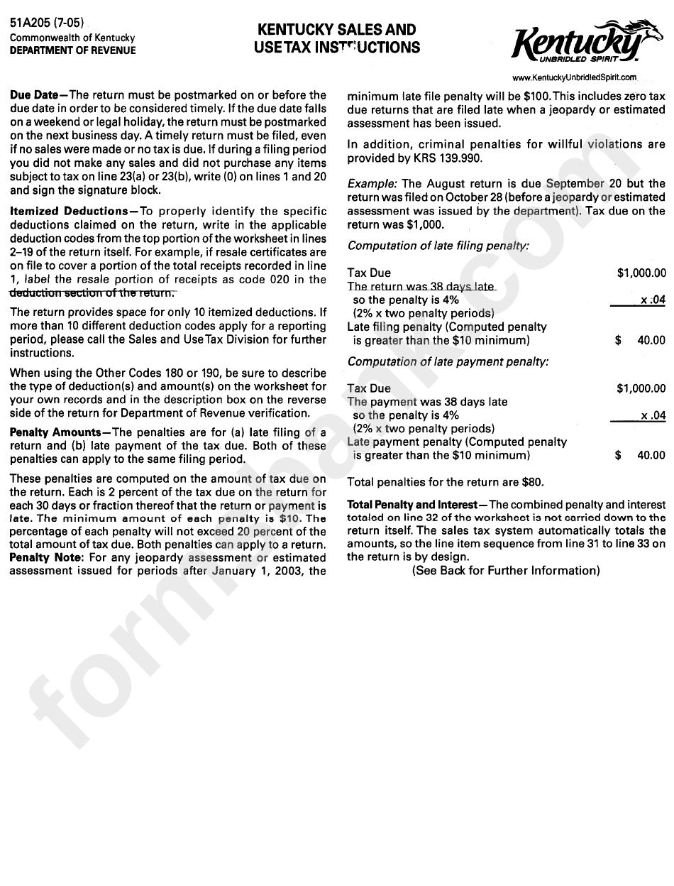 Form 51a205 - Kentucky Sales And Use Tax Instructions/account Maintenance Information