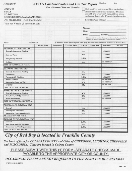 Stacs Combined Sales / Use Tax Report Form - Muscle Shoals Printable pdf