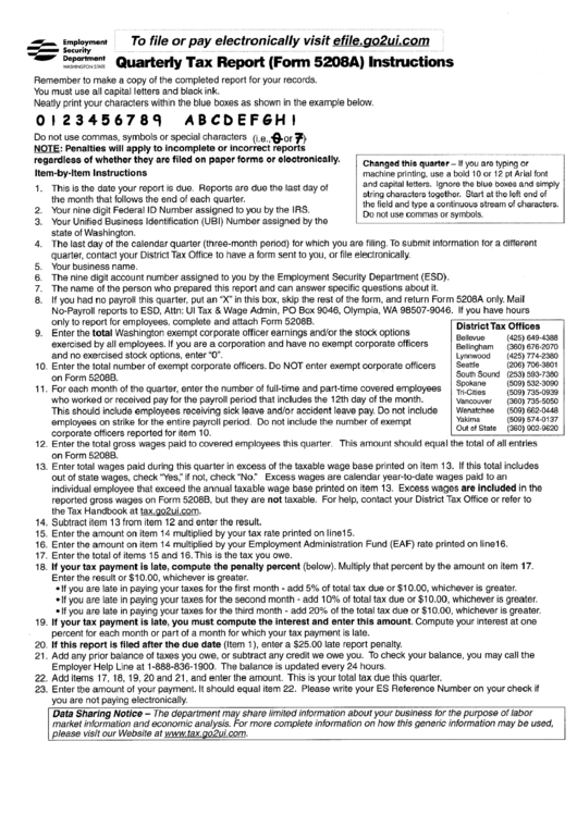 Quarterly Tax Report (Form 5208a) Instructions Printable pdf