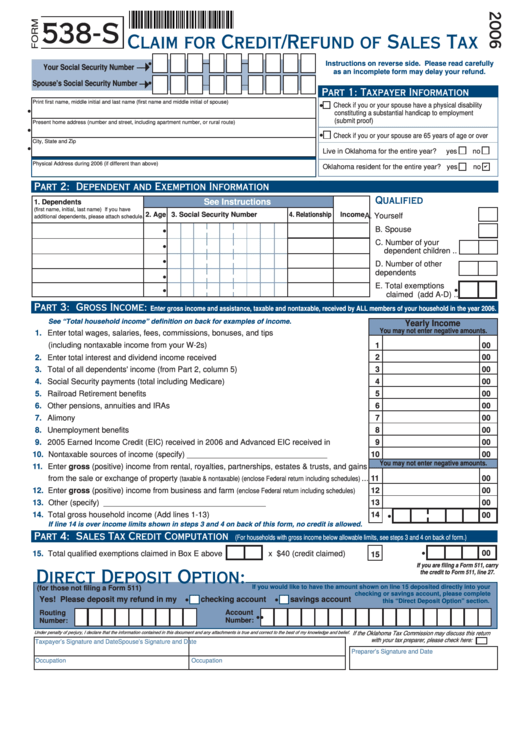 Fillable Form 538-S - Claim For Credit Or Refund Of Sales Tax - 2006 Printable pdf