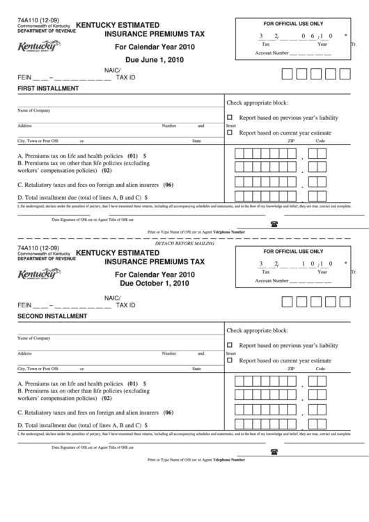 Form 74a110 - Kentucky Estimated Insurance Premiums Tax - 2010 Printable pdf