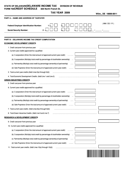 Fillable Form 700 - Delaware Income Tax Credit Schedule - 2009 Printable pdf