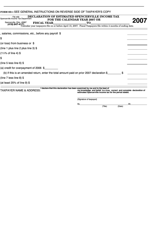 Form Sd-1 - Declaration Of Estimated Spencerville Income Tax - 2007 Printable pdf