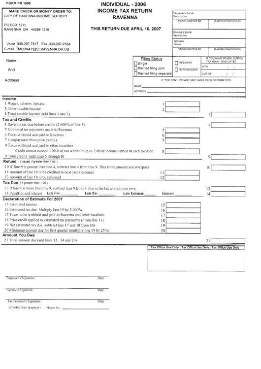 Form Fr 1098 - Income Tax Return - City Of Ravenna Printable pdf