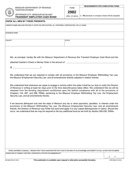 Fillable Form 2982 - Transient Employer Cash Bond Printable pdf