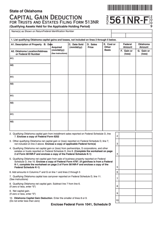 Form 561 Nr-F - Capital Gain Deduction For Trusts And Estates - 2009 Printable pdf