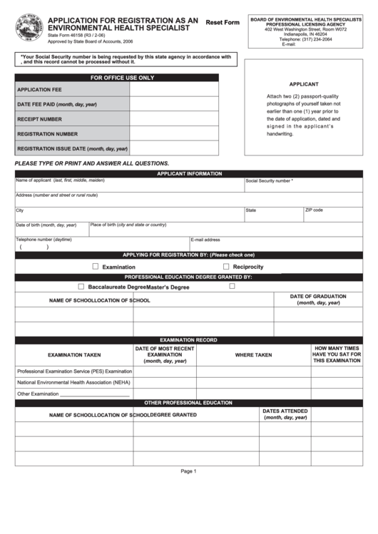 Fillable State Form 46158 - Application For Registraton As An Environmental Health Specialist - 2006 Printable pdf