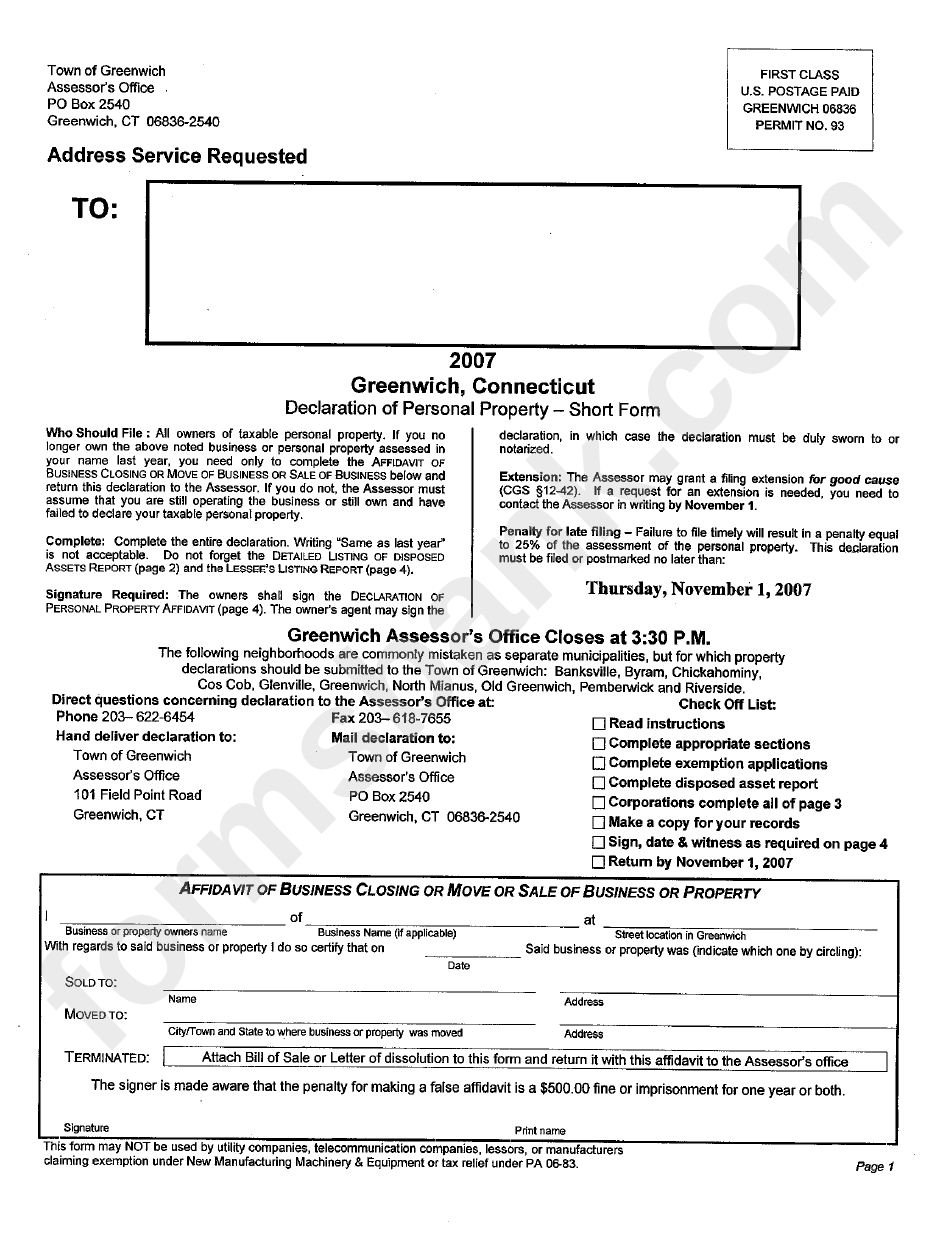 Personal Property Declaration Short Form