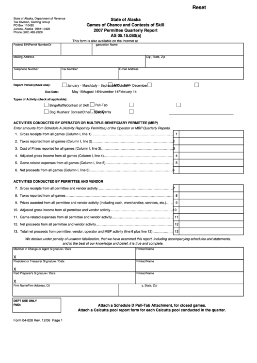 Fillable Form 04-828 - Games Of Chance And Contests Of Skill - Permittee Quarterly Report - 2007 Printable pdf