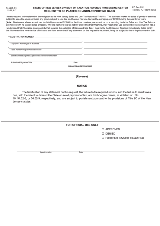 Fillable Form C-6205-St- Request To Be Placed On A Non-Reporting Basis - 1999 Printable pdf
