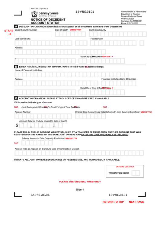 Fillable Form Rev-1549 Ex (07-10) - Notice Of Decedent Account Status Printable pdf