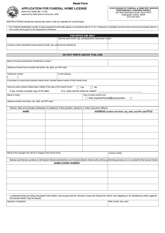 Fillable Form 45168 - Application For Funeral Home License Printable pdf