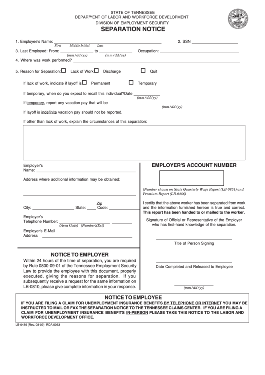 Fillable Form Lb-0489 - Separation Notice Printable pdf