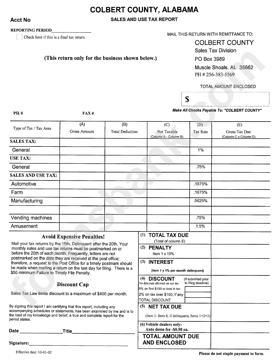 Sale And Use Tax Report Template - Colbert County - 2002